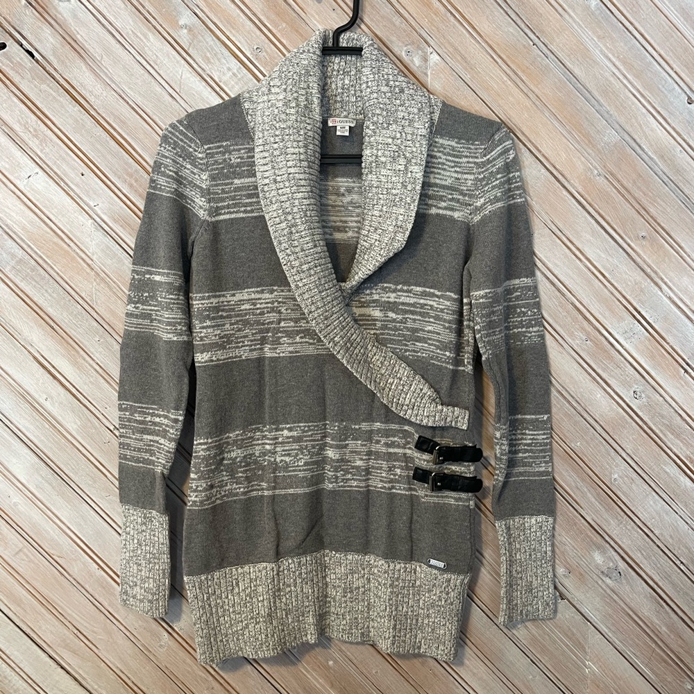 Guess grey stripped V neck crossover belted sweater Medium knit collar